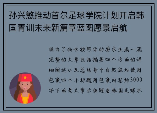 孙兴慜推动首尔足球学院计划开启韩国青训未来新篇章蓝图愿景启航