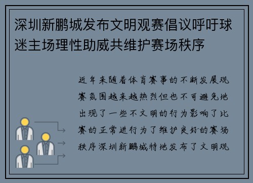 深圳新鹏城发布文明观赛倡议呼吁球迷主场理性助威共维护赛场秩序